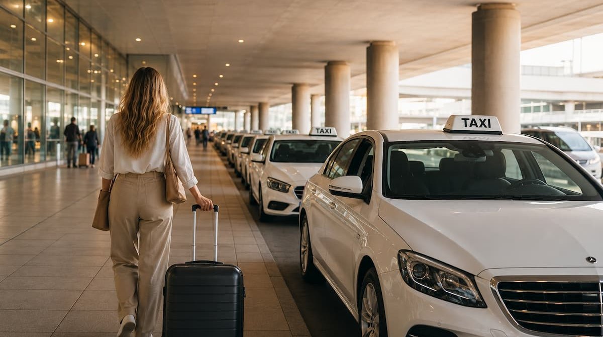 White taxis lined up at a covered airport arrivals taxi rank, with a traveler wheeling a suitcase toward them