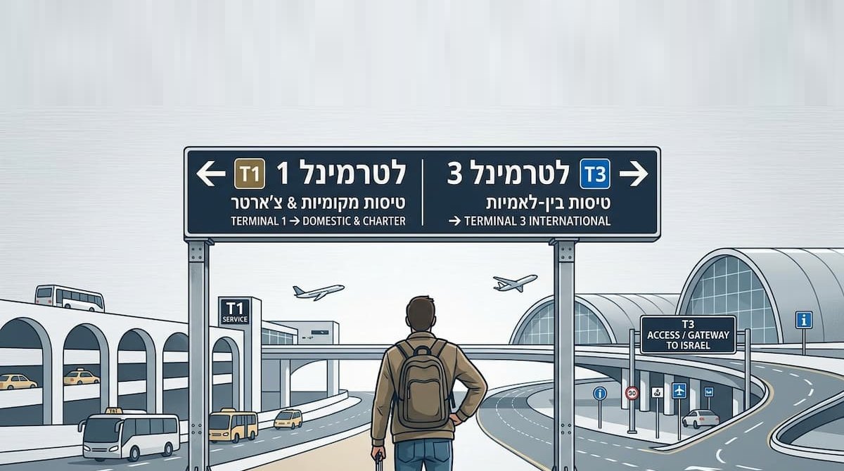 שילוט הכוונה בשדה תעופה המצביע לכיוון טרמינל 1 וטרמינל 3, ונוסע עם מזוודה