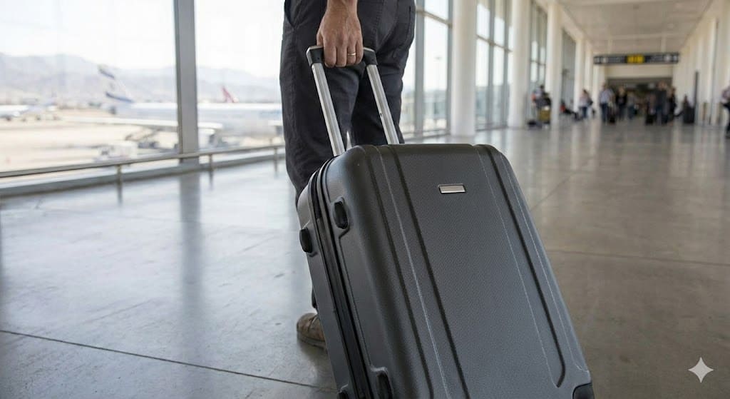 A traveler wheeling a hard-shell trolley suitcase through an airport terminal, with planes visible through the windows