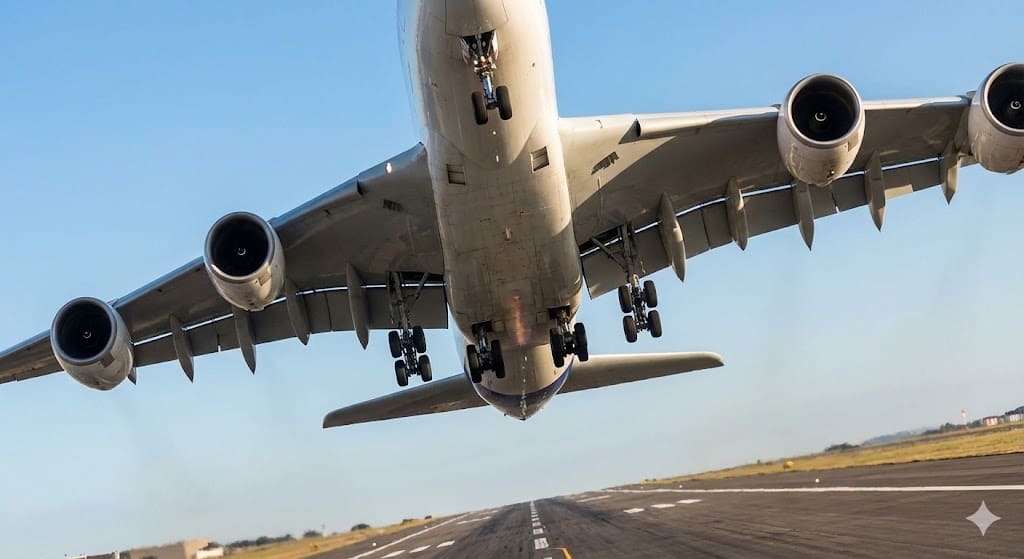 A large four-engine passenger jet taking off over a runway against a blue sky, seen from below
