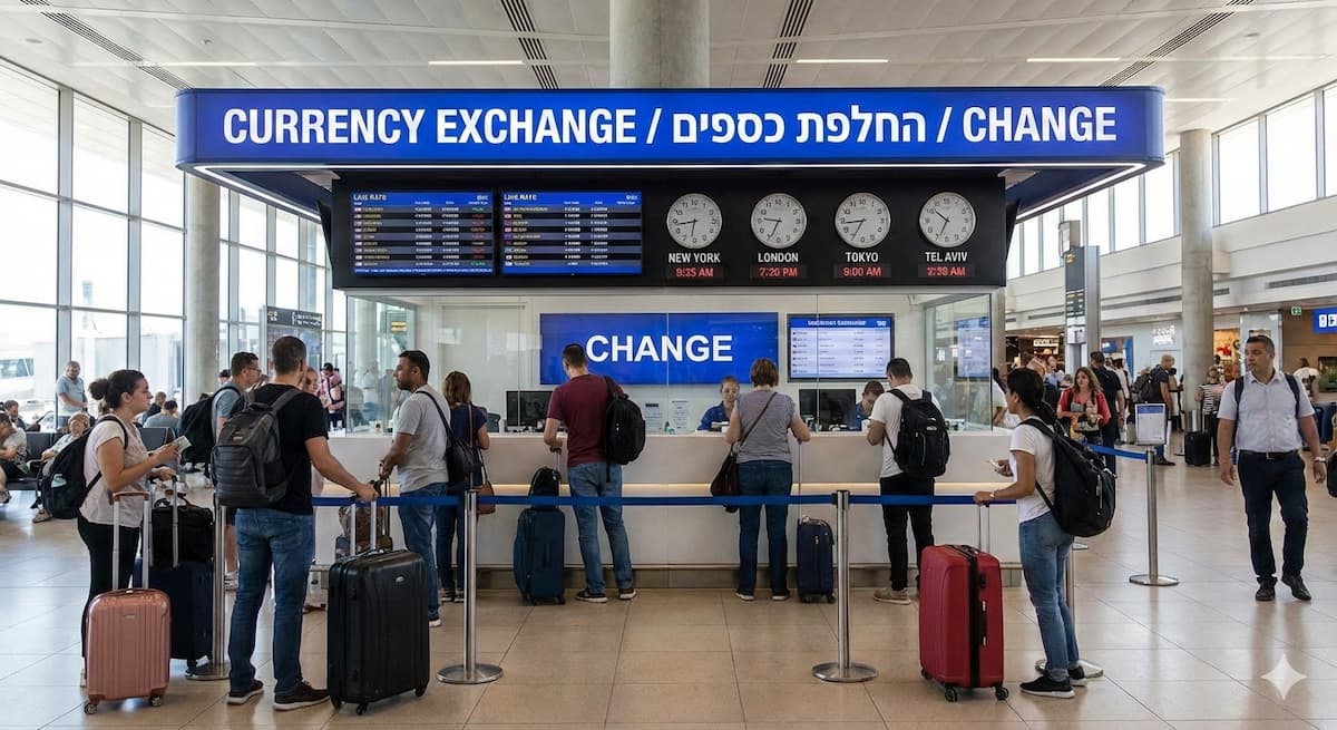 דלפק החלפת כספים בנמל תעופה עם שלט דו-לשוני, שעוני עולם ותור נוסעים עם מזוודות