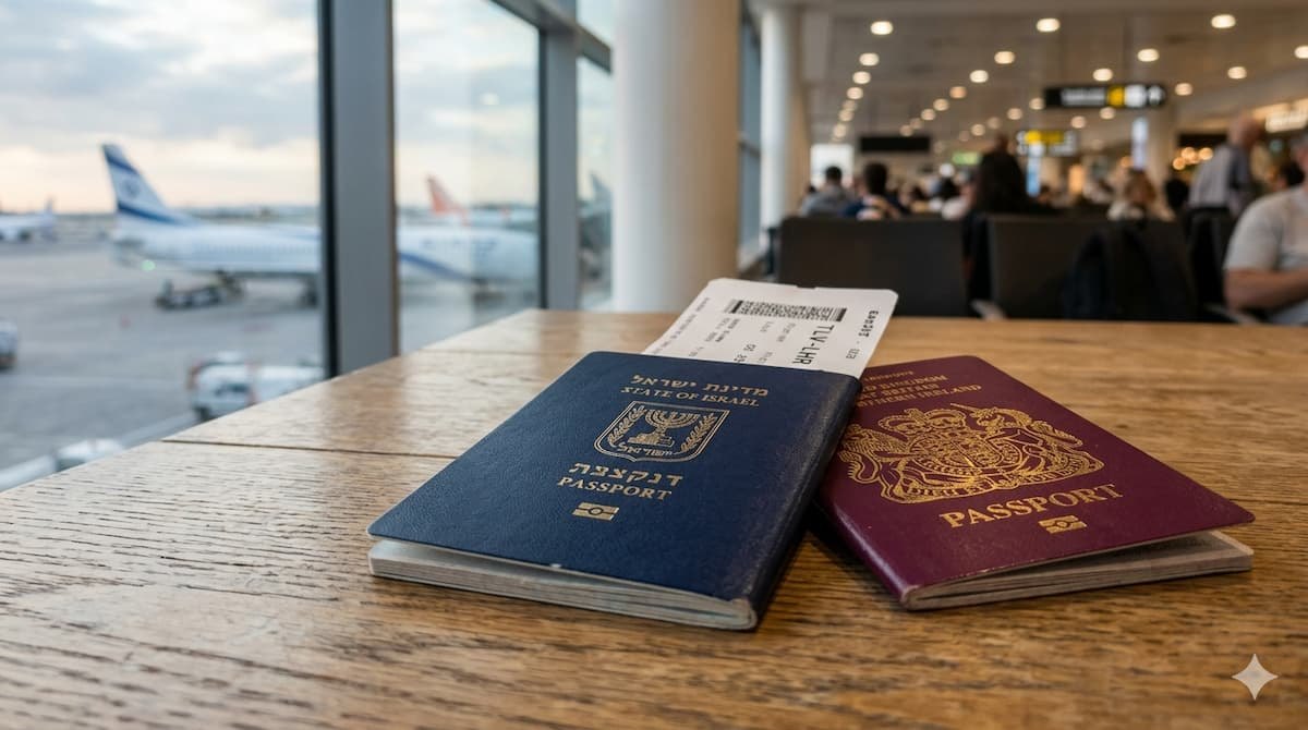 דרכון ישראלי כחול ודרכון בריטי בורדו על שולחן עץ, עם כרטיס עלייה למטוס ומטוס אל על מבעד לחלון