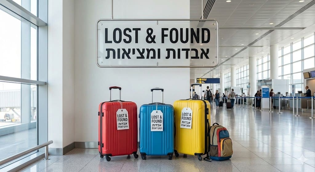 שלט "אבדות ומציאות" מעל שלוש מזוודות צבעוניות ותרמיל עם תוויות, במסוף נמל תעופה