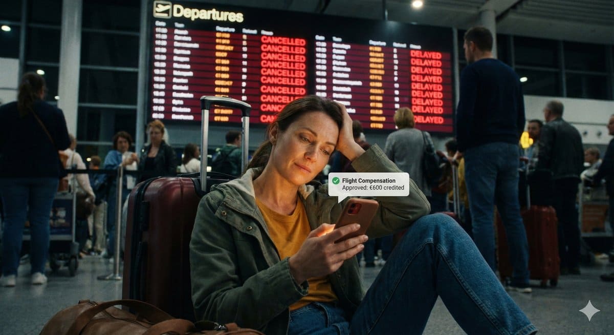 A weary traveler sitting on the airport floor in front of a board of cancelled and delayed flights, looking at her phone