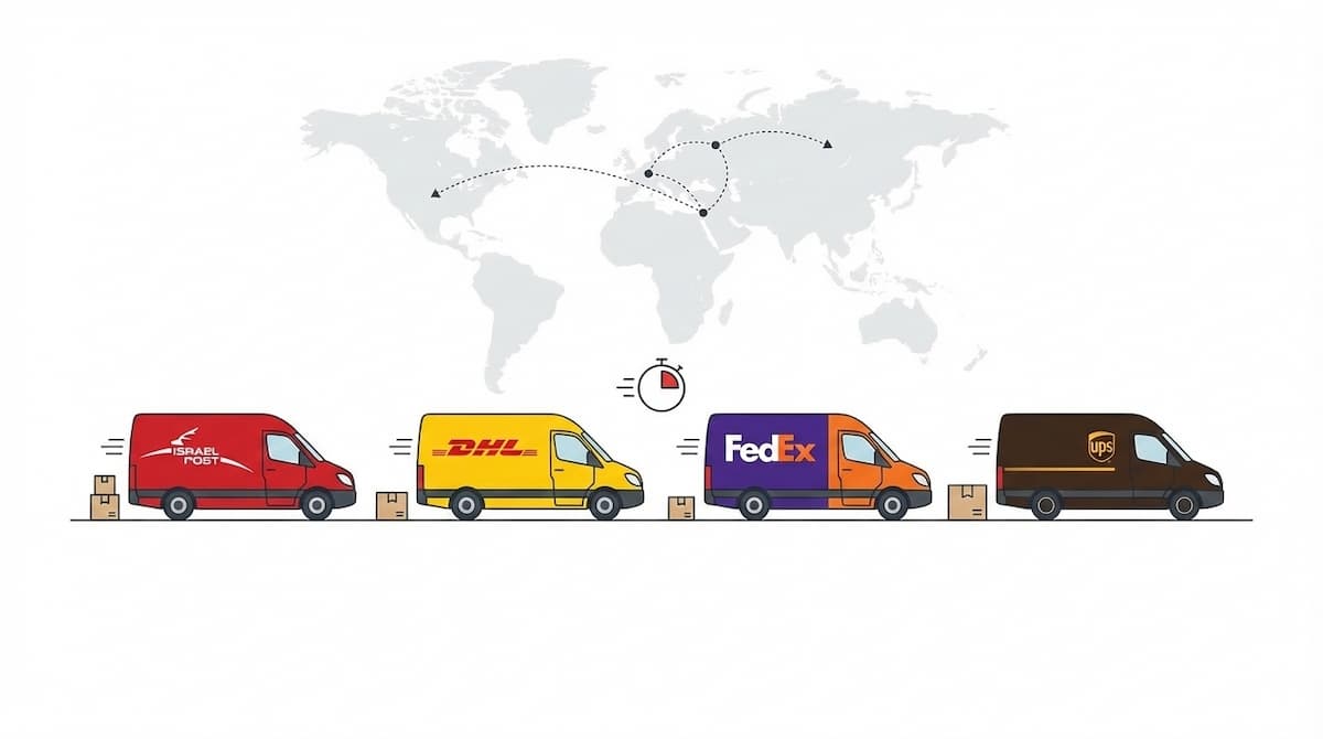 איור של רכבי משלוחים של דואר ישראל, DHL, פדקס ו-UPS בשורה, עם מפת עולם ושעון עצר